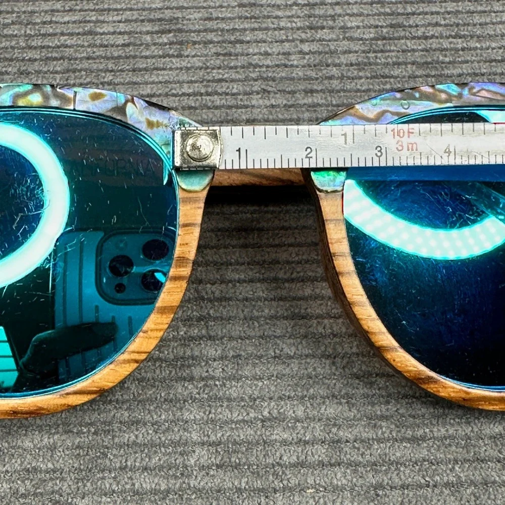 Soul California Wood Abalone Shell Sunglasses Blue Mirrored Lens Boho Wayfarer